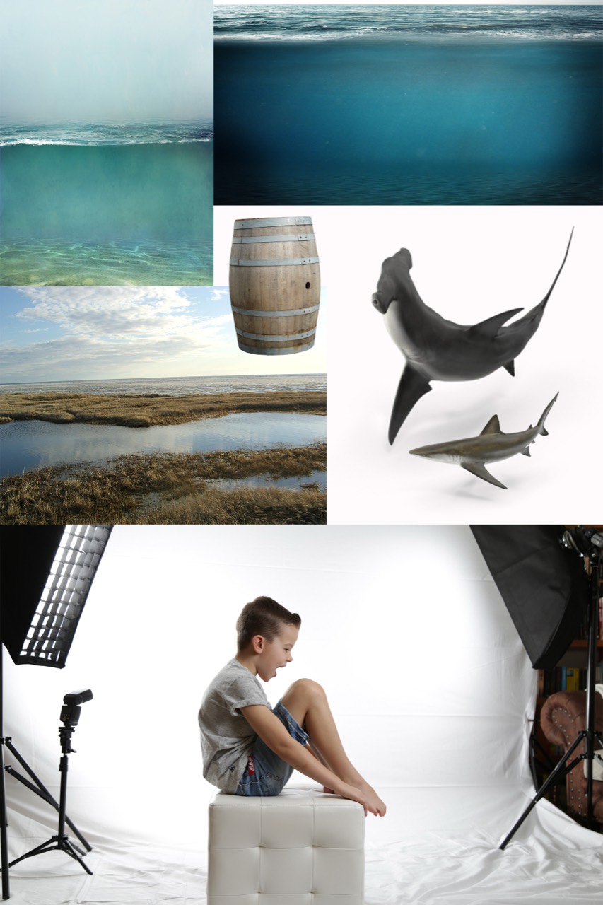 Ausgangsbilder für Über der Tiefe: Wasserlandschaften, Holzfass, Haie und das Studioporträt eines Jungen.