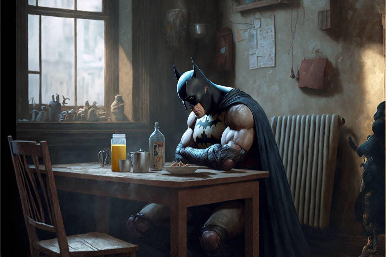KI-generiertes Bild: Batman sitzt nachdenklich an einem Holztisch in einer alten Küche.